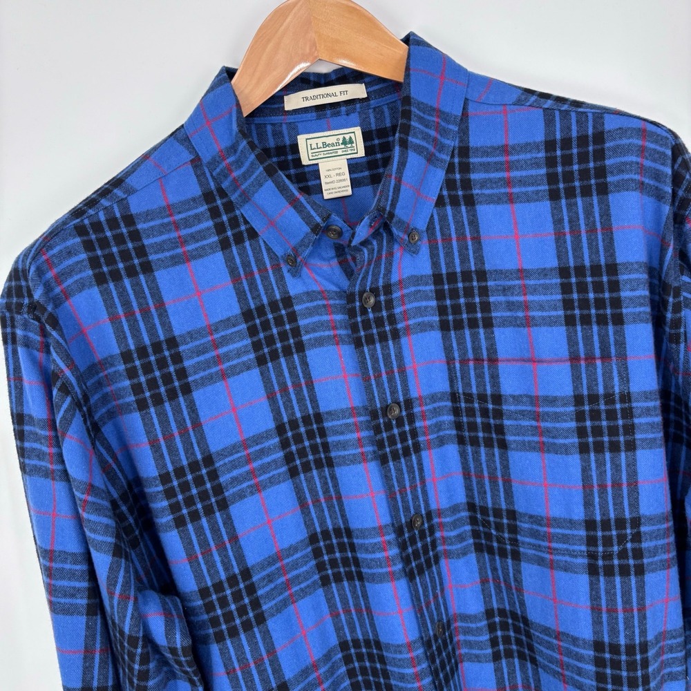 LL Bean Flannel Shirt Mens XXL Blue Black Tartan Plaid Traditional Fit Warm